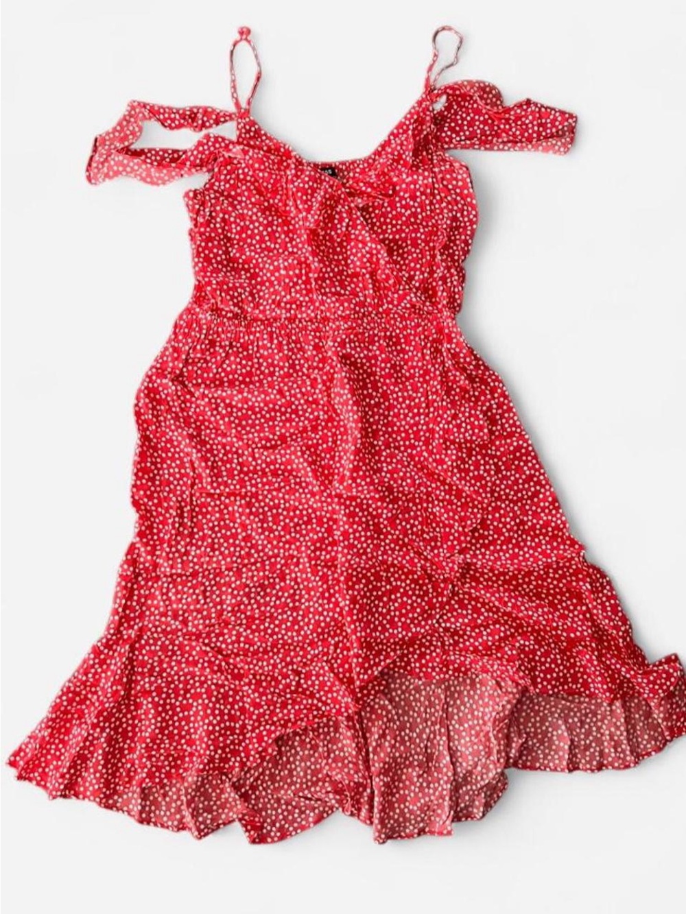 Express red and white polka dot ruffle midi dress